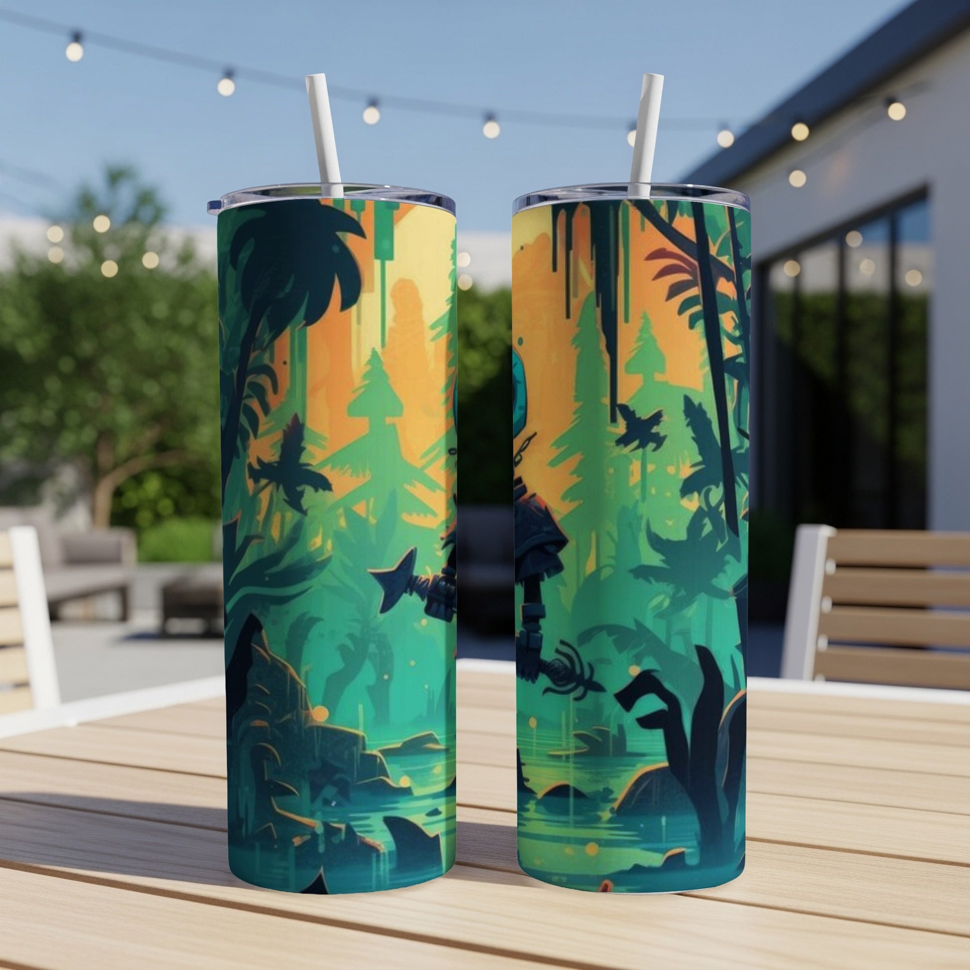 Two tumblers with a jungle robot illustration and white straws stand on a table.