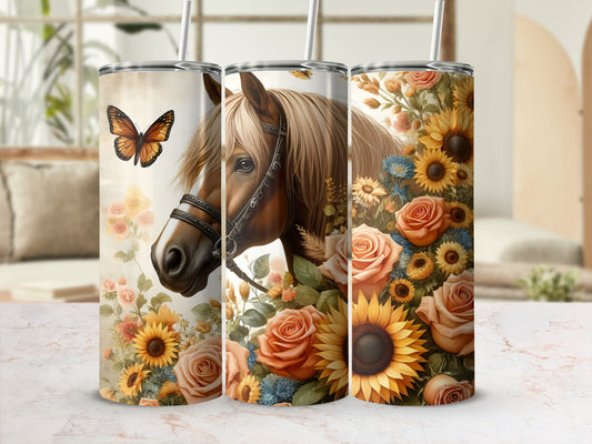 Horse head with flowers and butterfly on a floral tumbler.