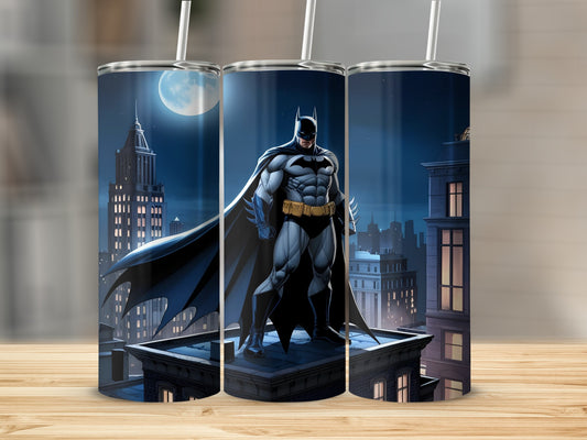 Batman standing on rooftop with city skyline at night.