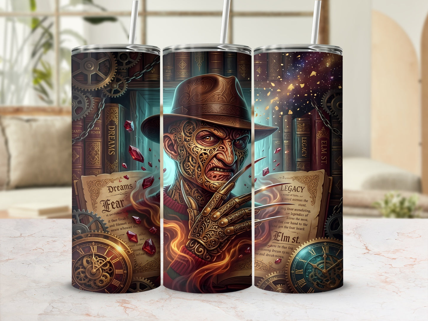 Freddy Krueger artwork on tumblers with books, gears, and text.