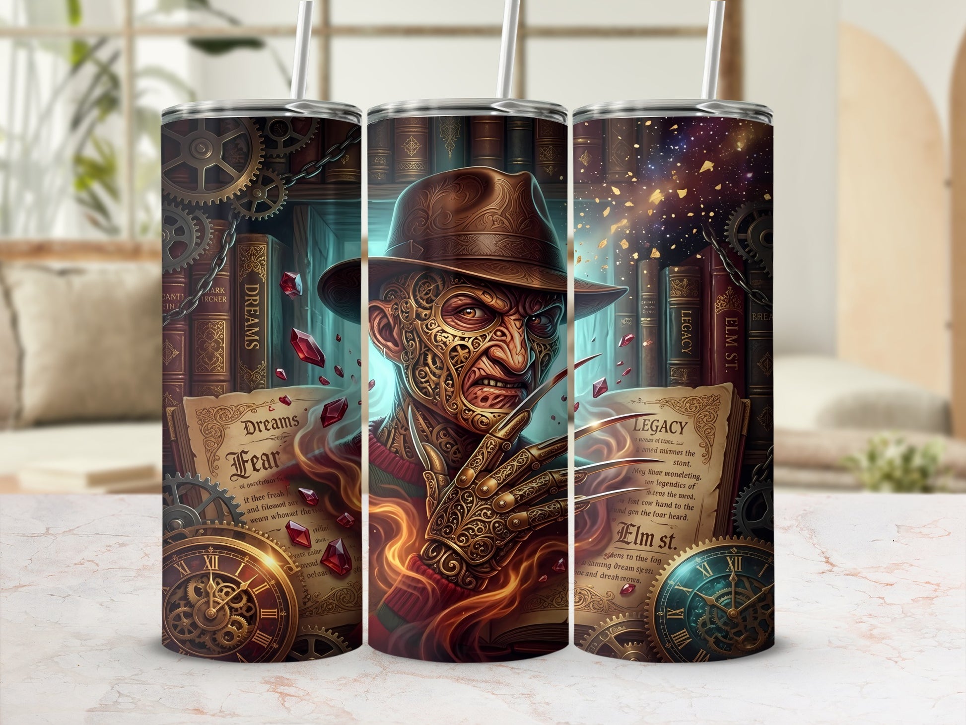 Freddy Krueger artwork on tumblers with books, gears, and text.