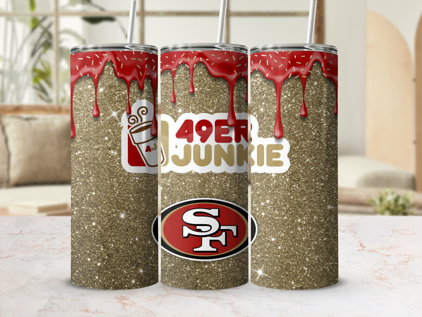 49ers Junkie Gold Glitter Drip Insulated Tumbler