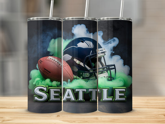 Seattle Seahawks football helmet and ball with green smoke.