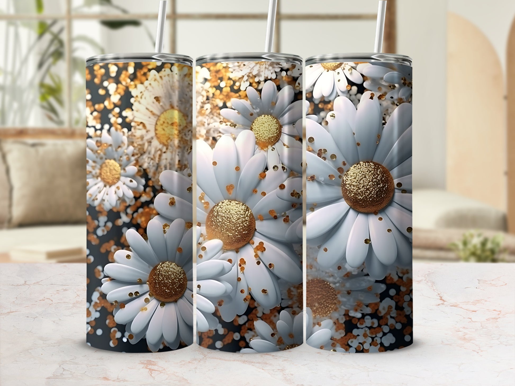 Three tumblers with a white daisy and gold glitter design.