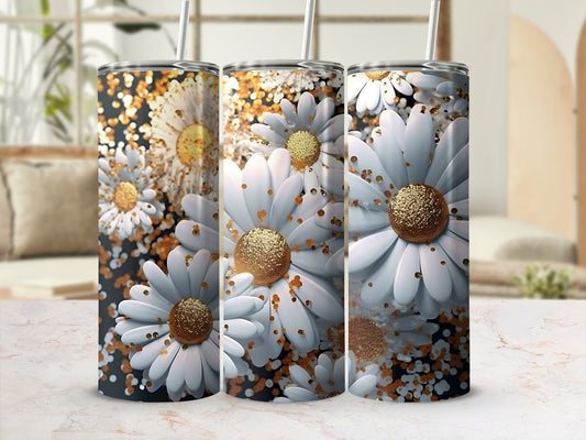 Three tumblers with a white daisy and gold glitter design.