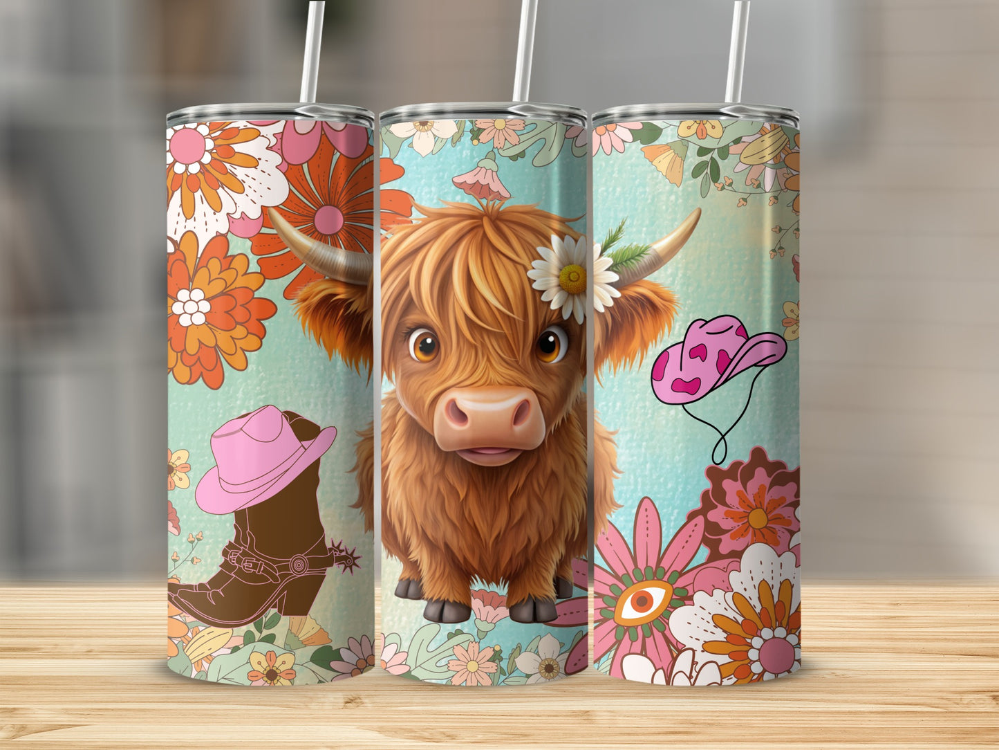 Cute Highland Cow Floral Design Stainless Steel Tumbler