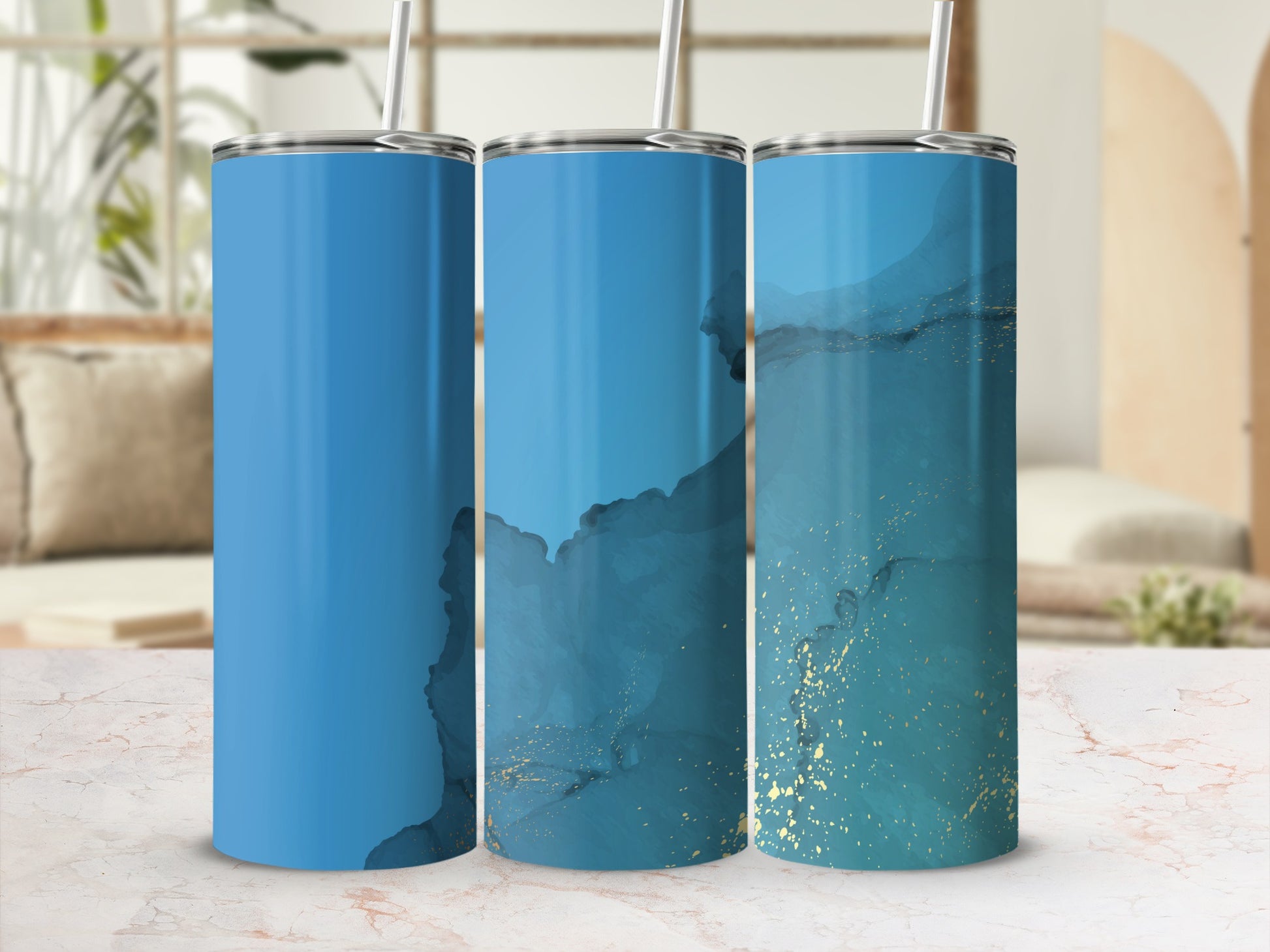 Three blue abstract art tumblers with gold accents.