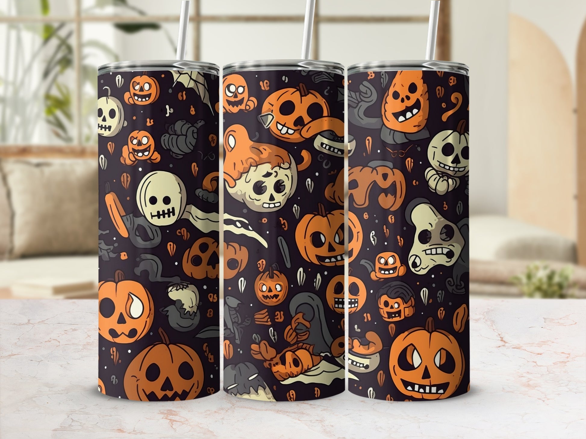 Halloween Pumpkin and Skull Themed Tumbler Cups