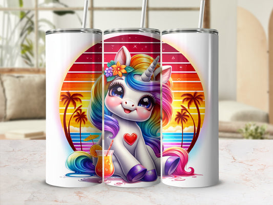 Cartoon unicorn with rainbow mane holding a drink, sunset tropical background.