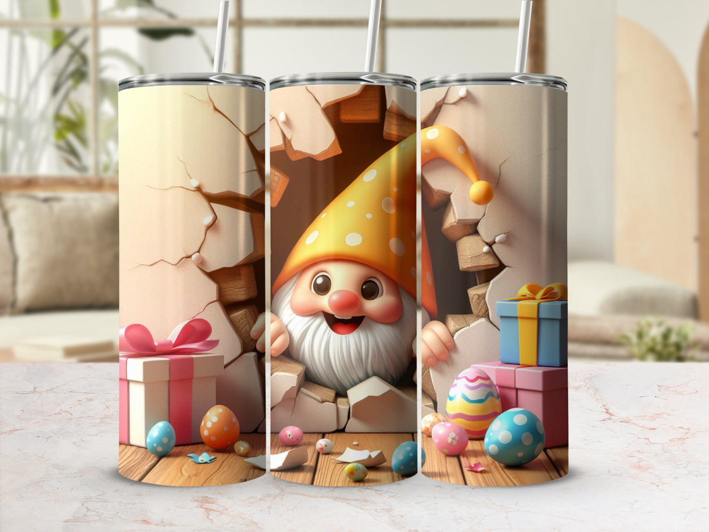 Easter gnome peeking through a cracked wall with gifts and eggs.