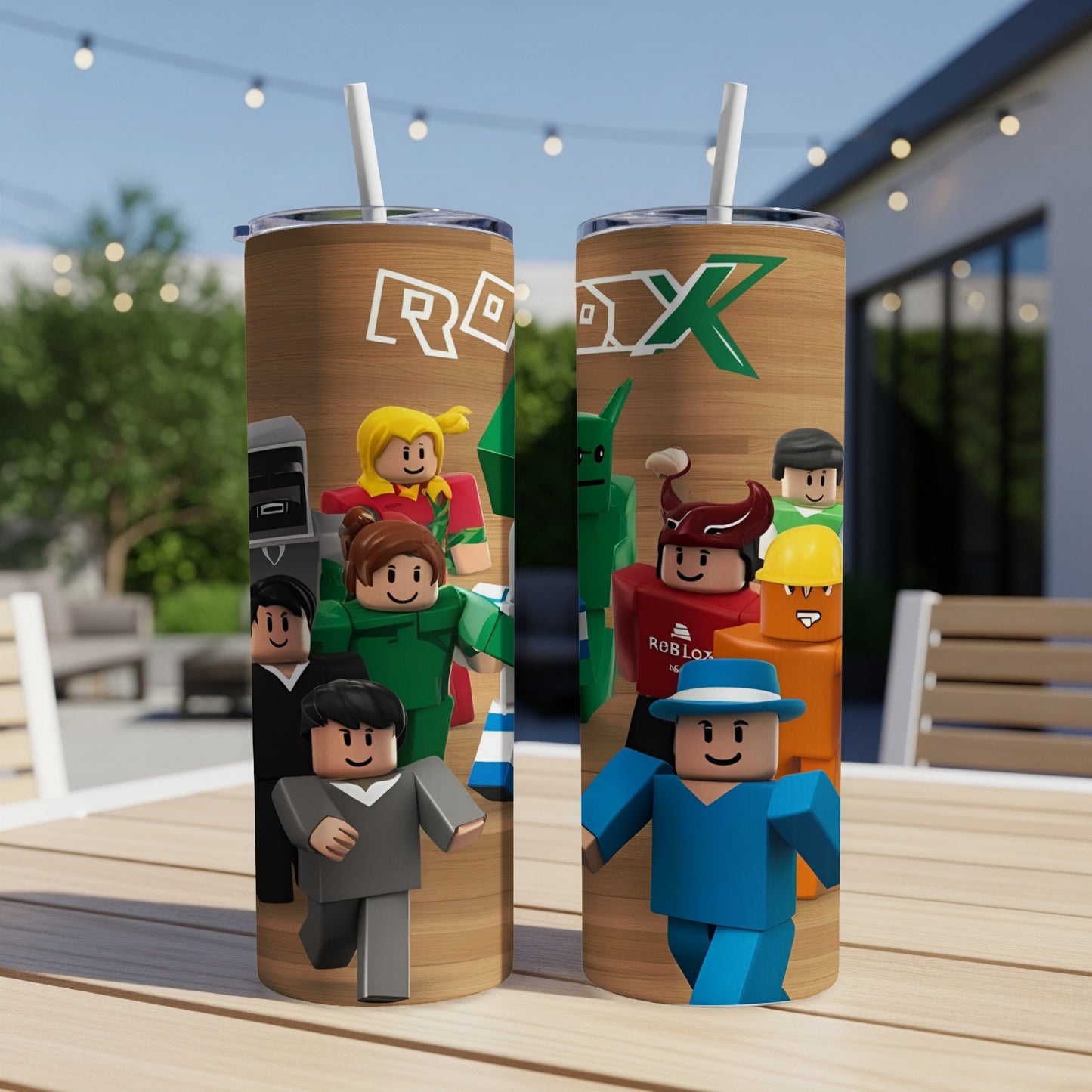 Roblox characters on wooden background, two tumblers with straws.
