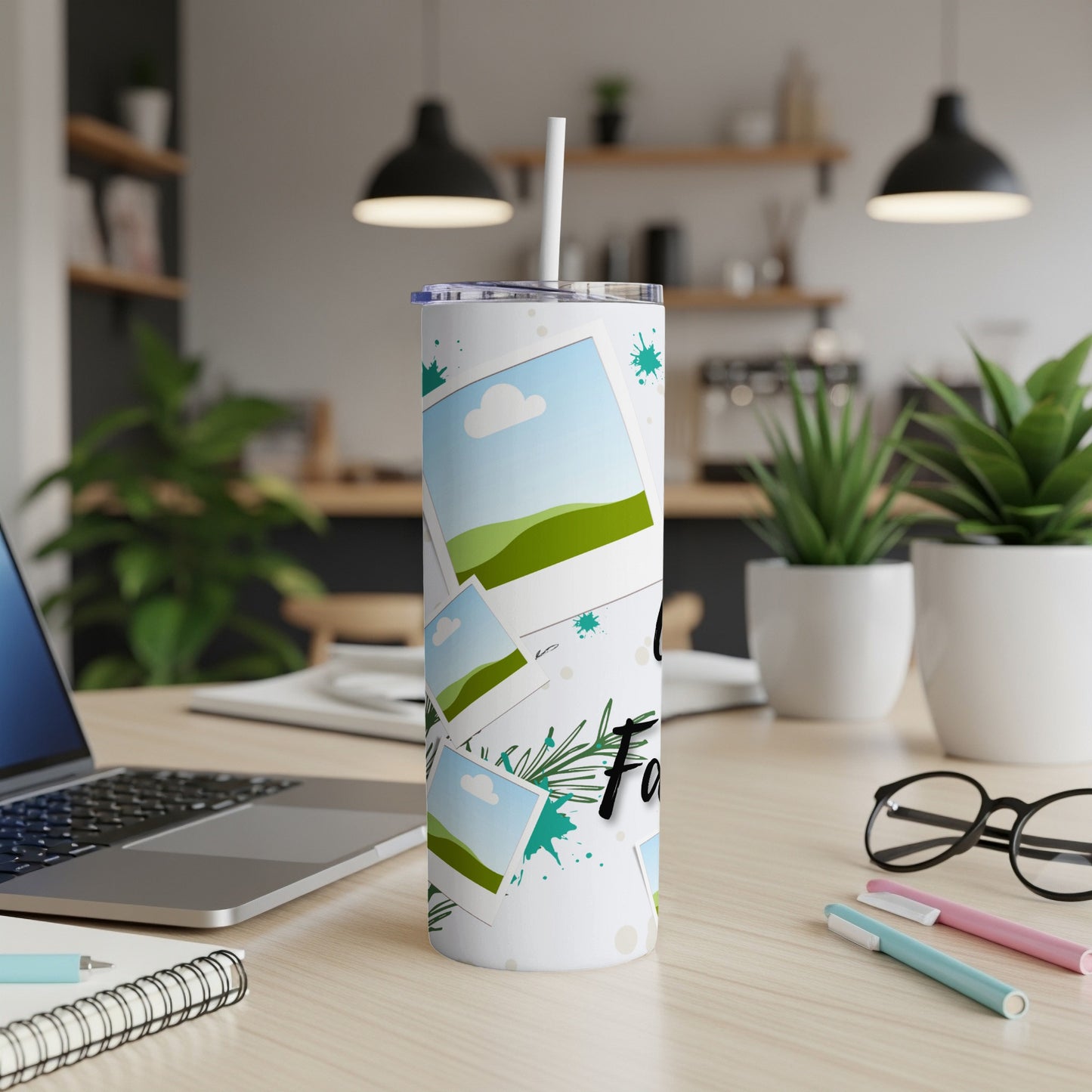 White tumbler with scattered photo frames and the text "Family".