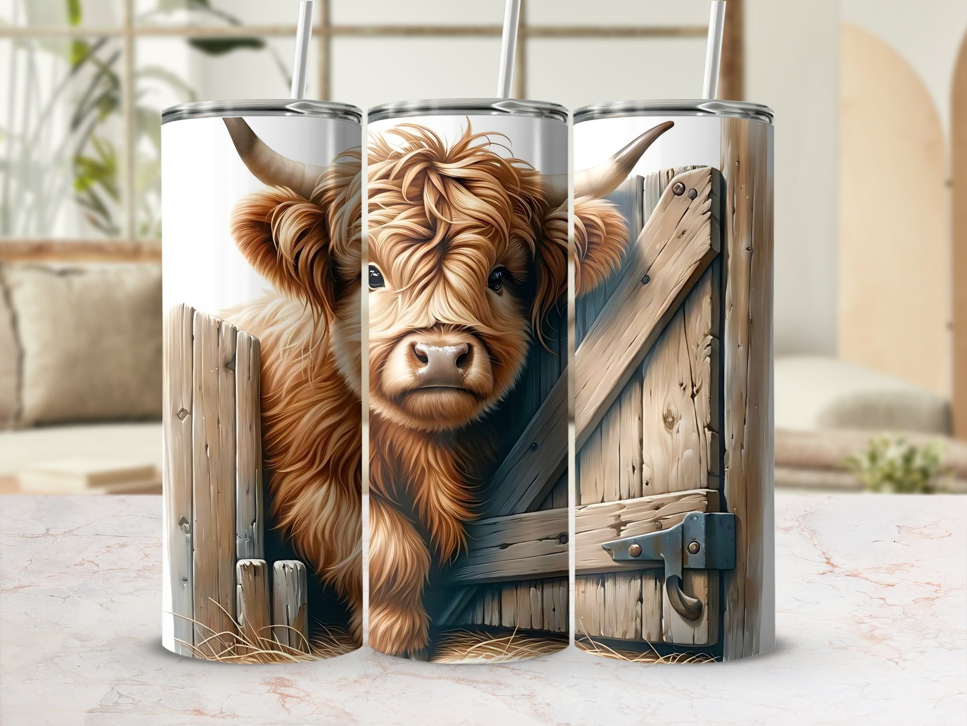 Highland Cow Behind Fence Design on Tumbler Cup