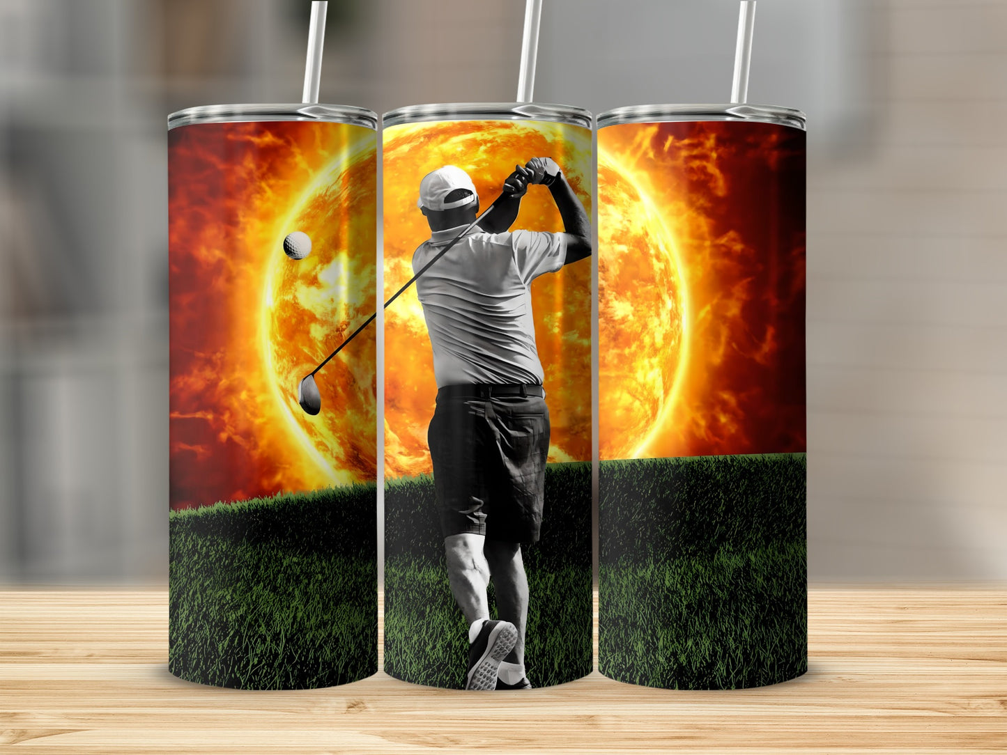 Golf Enthusiast Hitting in Front of Fiery Sun Tumbler