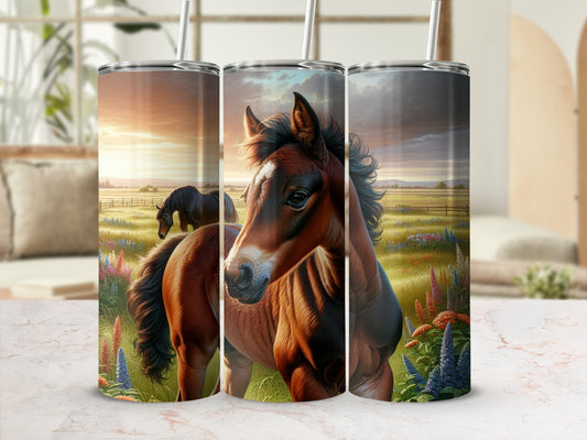 Brown horse in a field of flowers, sunset background.