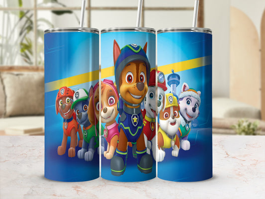 Paw Patrol characters Chase, Marshall, and Skye on blue tumblers with yellow stripe.