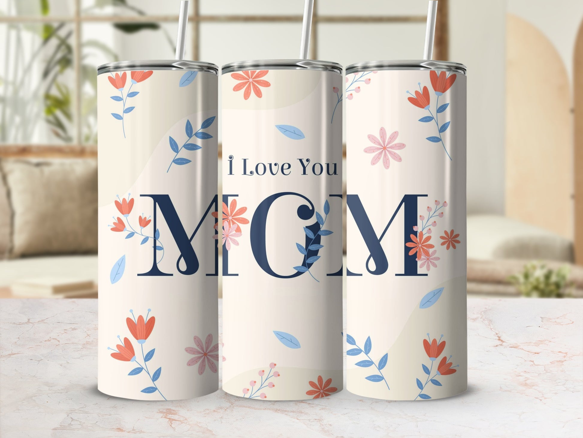 I Love You Mom Floral Pattern Tumbler Gift for Her