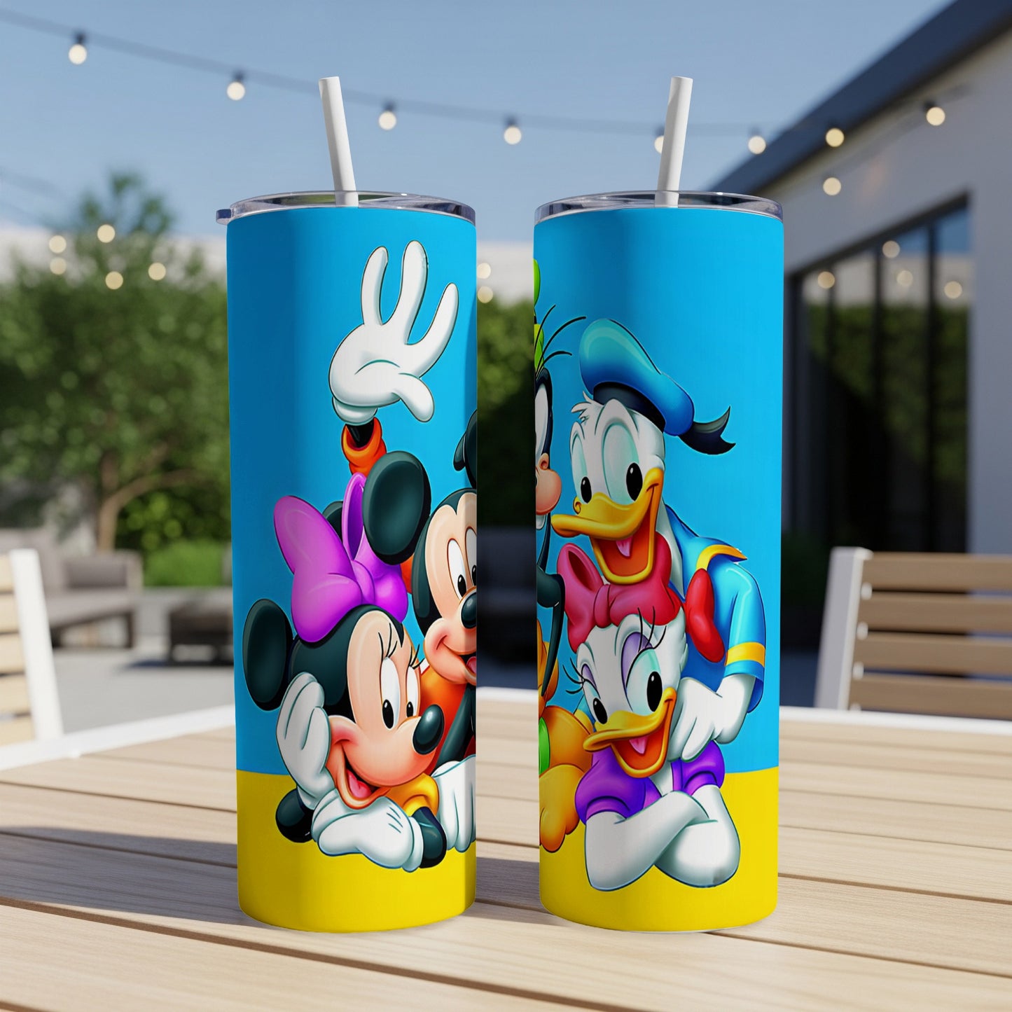 Minnie Mouse, Mickey Mouse, Donald Duck, and Daisy Duck in cartoon style on a tumbler.