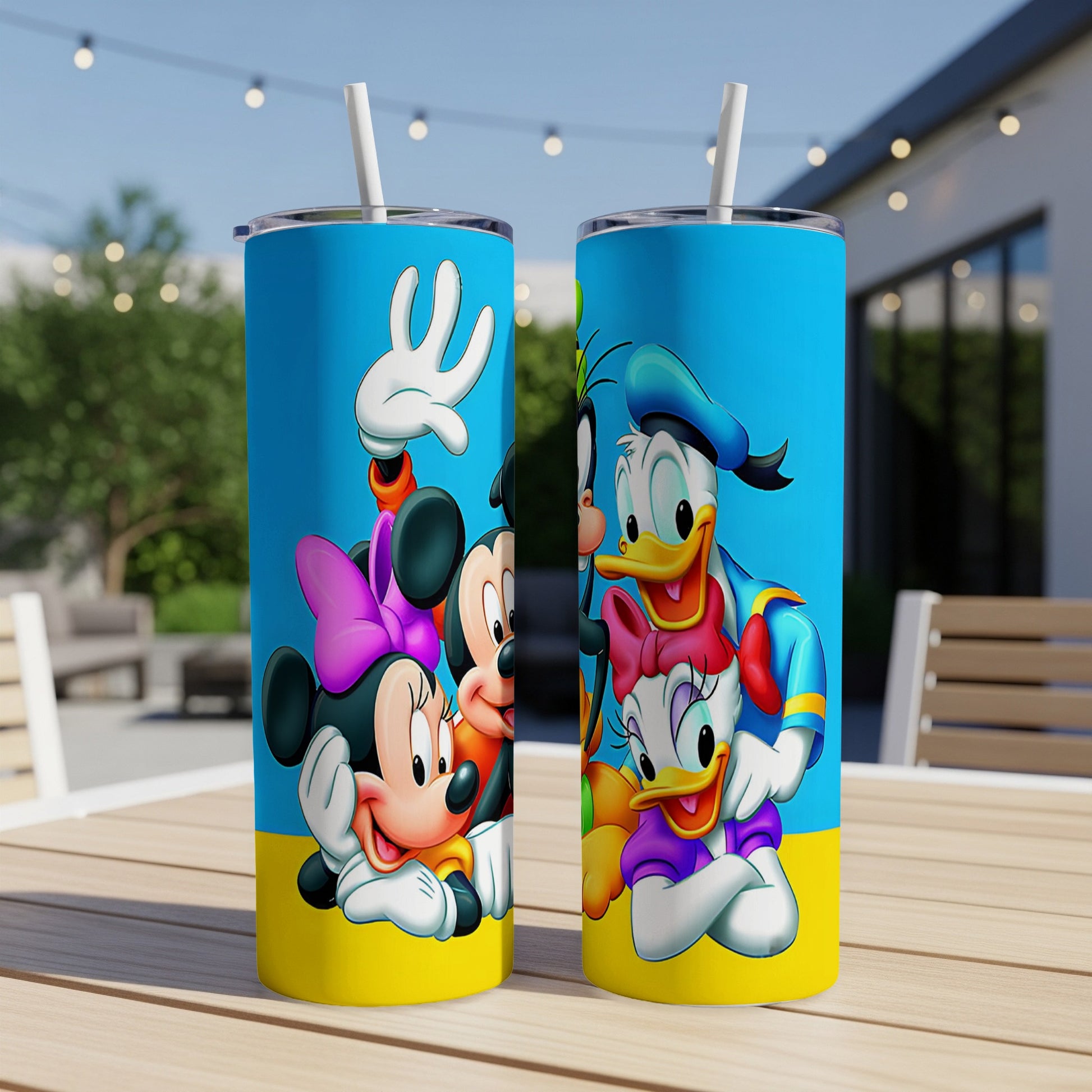 Minnie Mouse, Mickey Mouse, Donald Duck, and Daisy Duck in cartoon style on a tumbler.