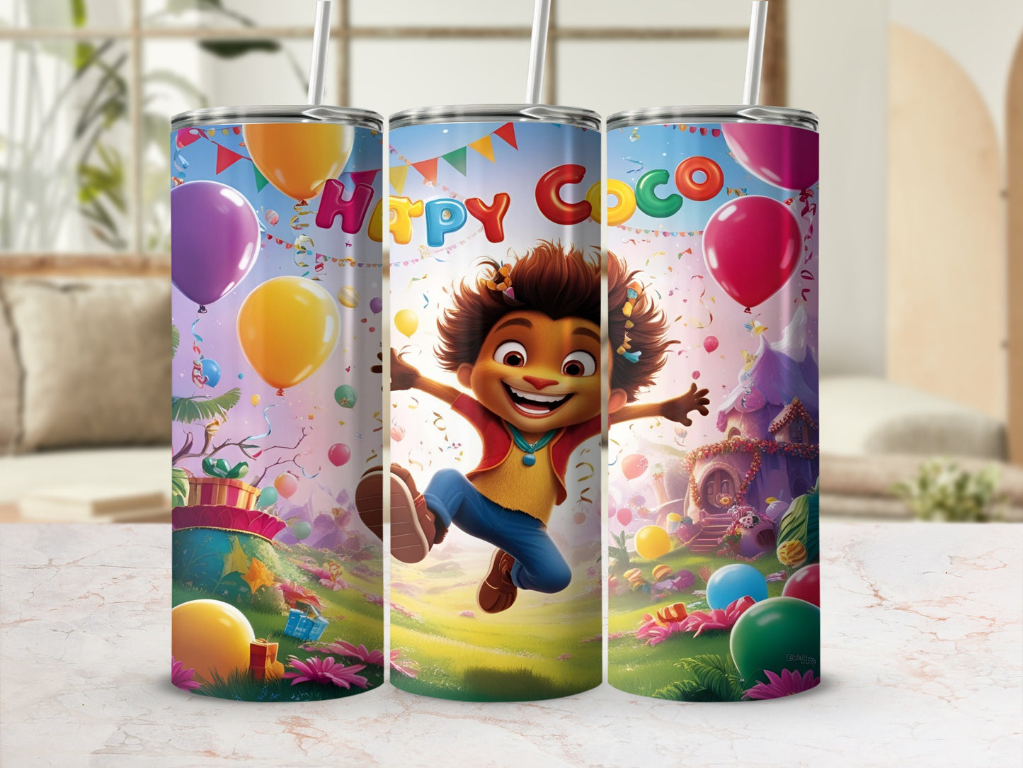 Three tumblers featuring a happy animated girl and colorful birthday party decorations.