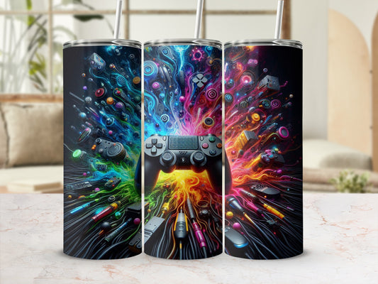 Gamer-themed tumbler with controller and colorful abstract design.