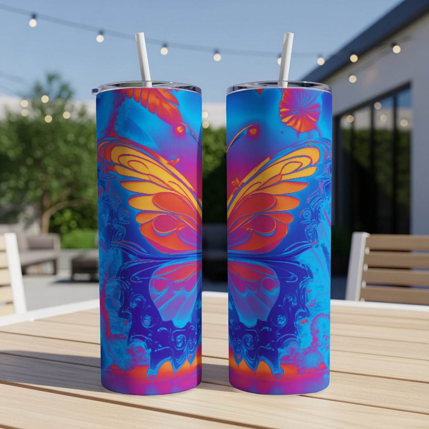 Two tumblers with a vibrant, symmetrical butterfly design in blue, orange, and yellow.