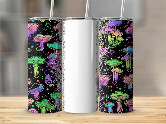 Tumbler with colorful neon mushrooms and stars on black background.