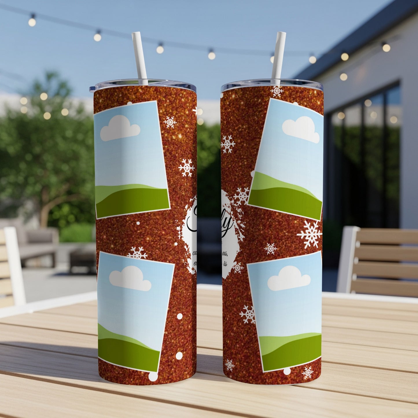 Two sparkly brown tumblers with snow, clouds, and green hills design.