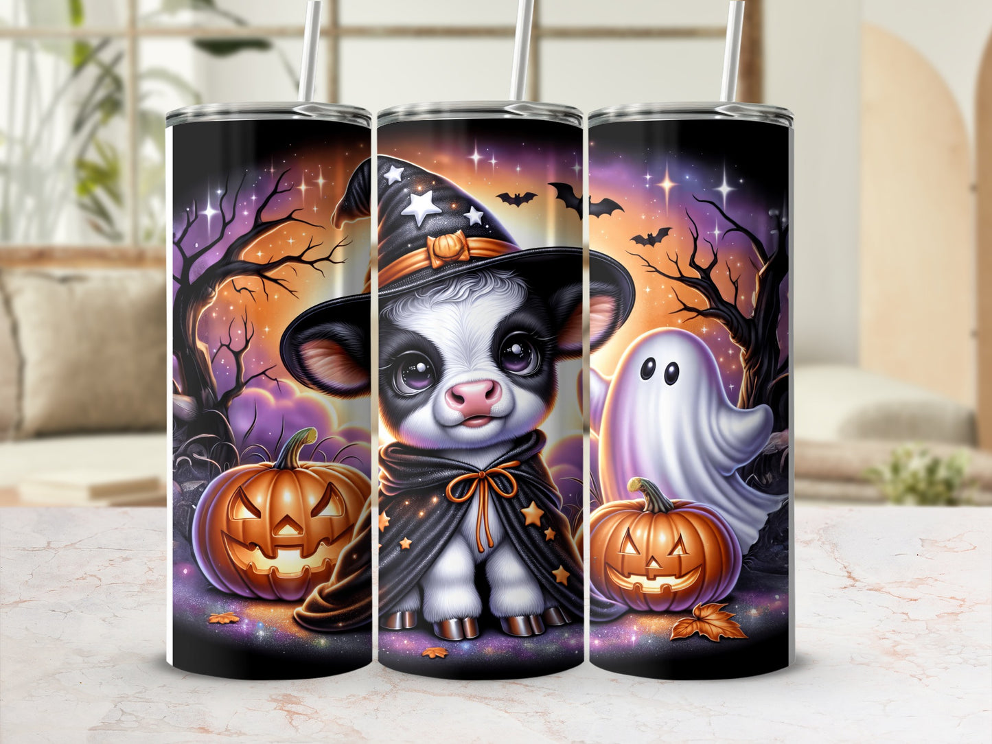 Cow in witch hat and ghost with pumpkins, Halloween tumbler design.