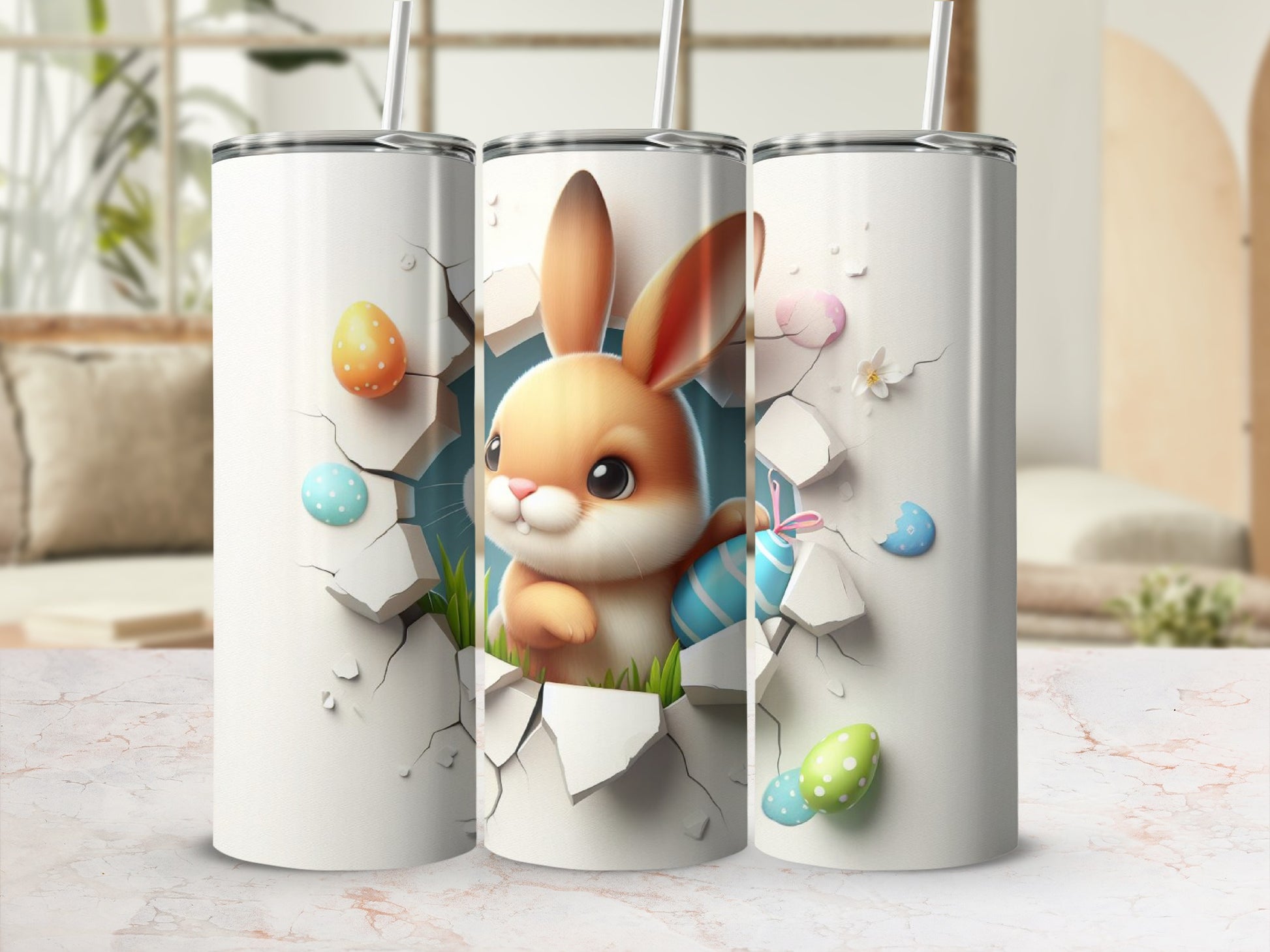 Easter bunny peeking through cracked wall with colorful eggs.