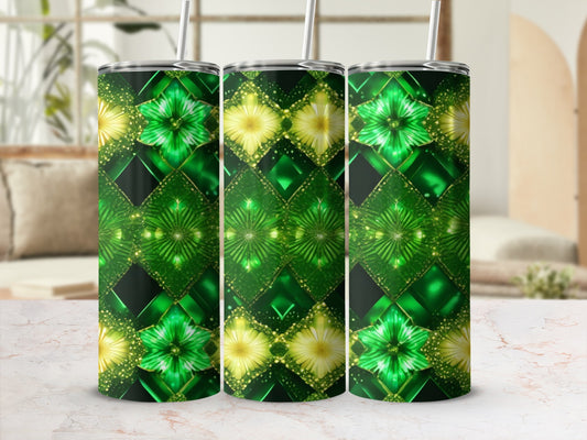 Three green tumblers with diamond and floral patterns, with straws.