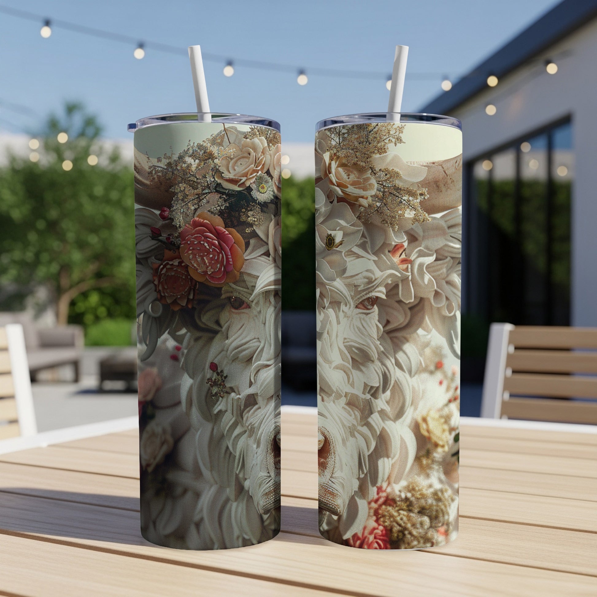 Two detailed floral tumblers with straws sit on a wooden table outdoors.