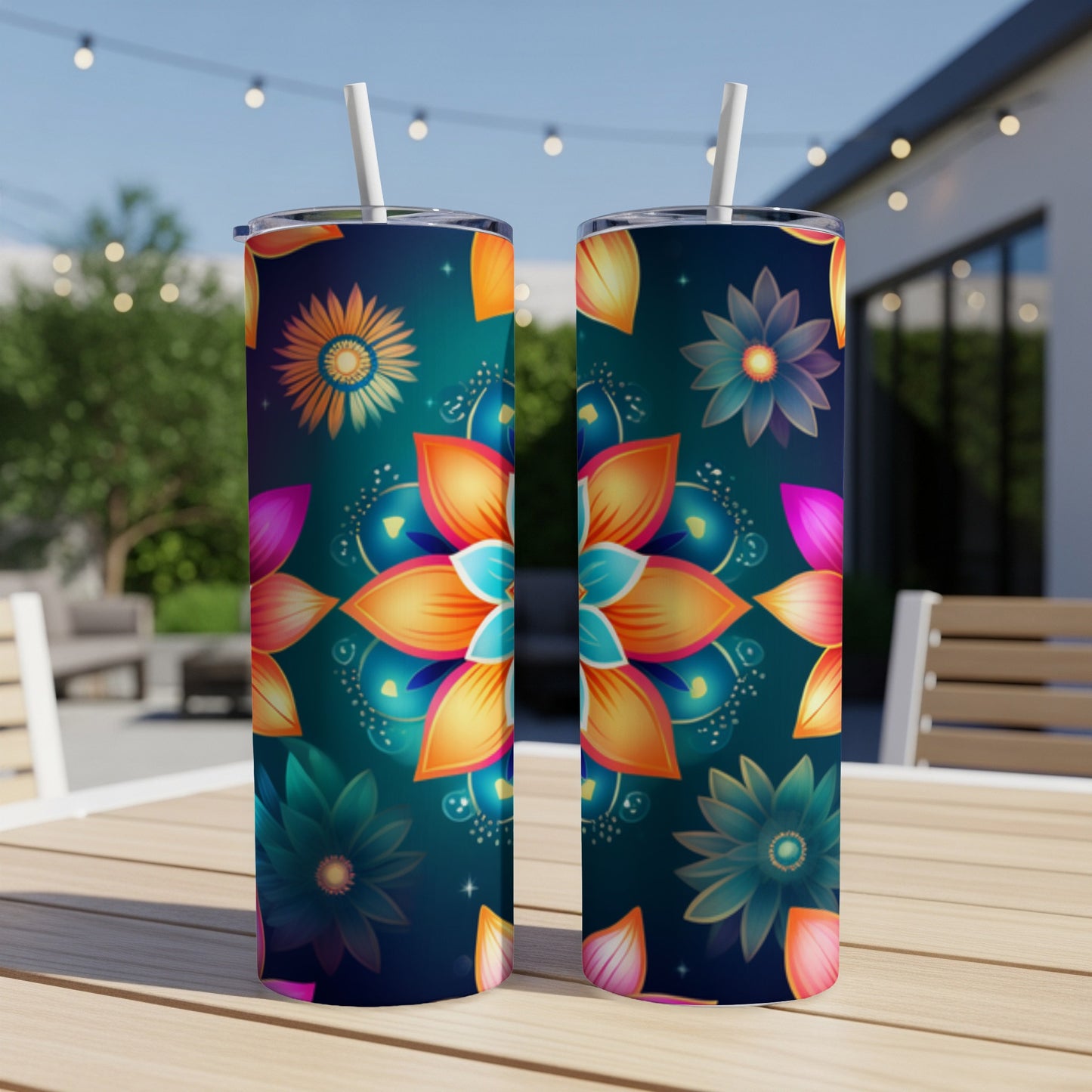 Two tumblers with a colorful floral mandala pattern on a dark teal background.