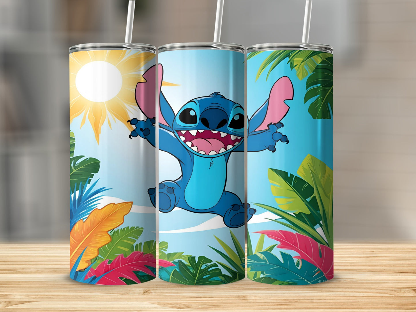 Blue alien character with wide smile and outstretched arms, surrounded by tropical foliage and sun.