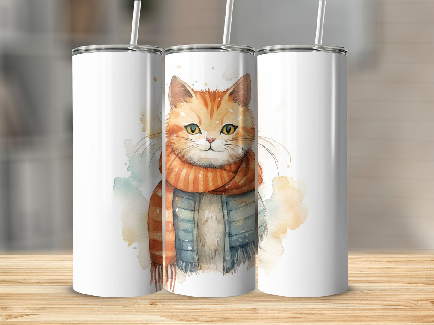 Orange tabby cat wearing an orange scarf and blue scarf illustration on a tumbler.