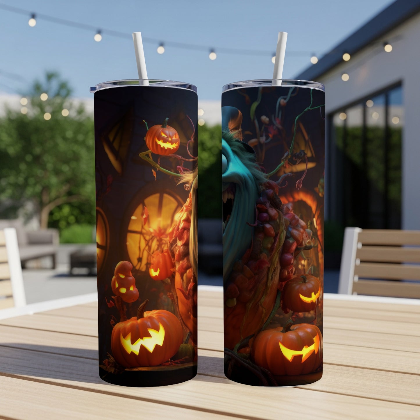 Two tall tumblers with a spooky Halloween design featuring a monster and jack-o'-lanterns.
