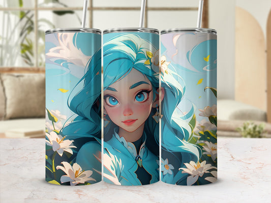 Blue-Haired Girl Floral Design Insulated Drink Tumbler