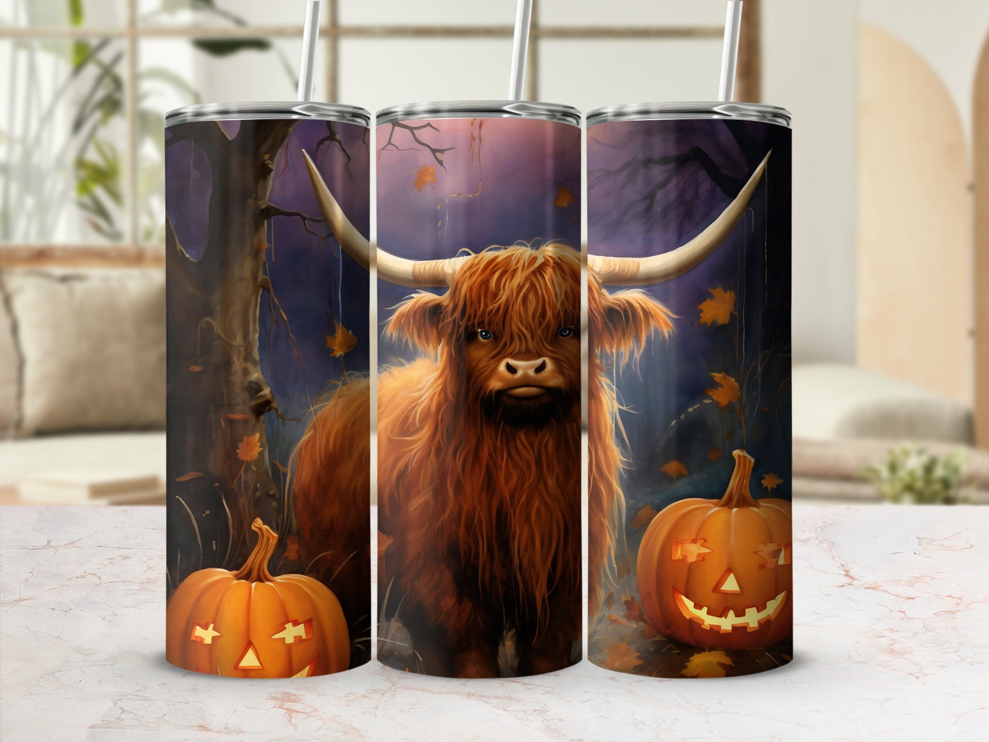 Highland Cow and Pumpkin Halloween Tumbler Cup