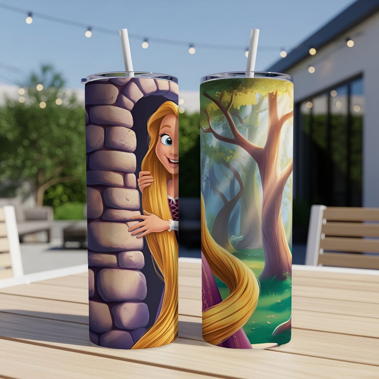 Rapunzel peeks from behind a stone tower on a tumbler.
