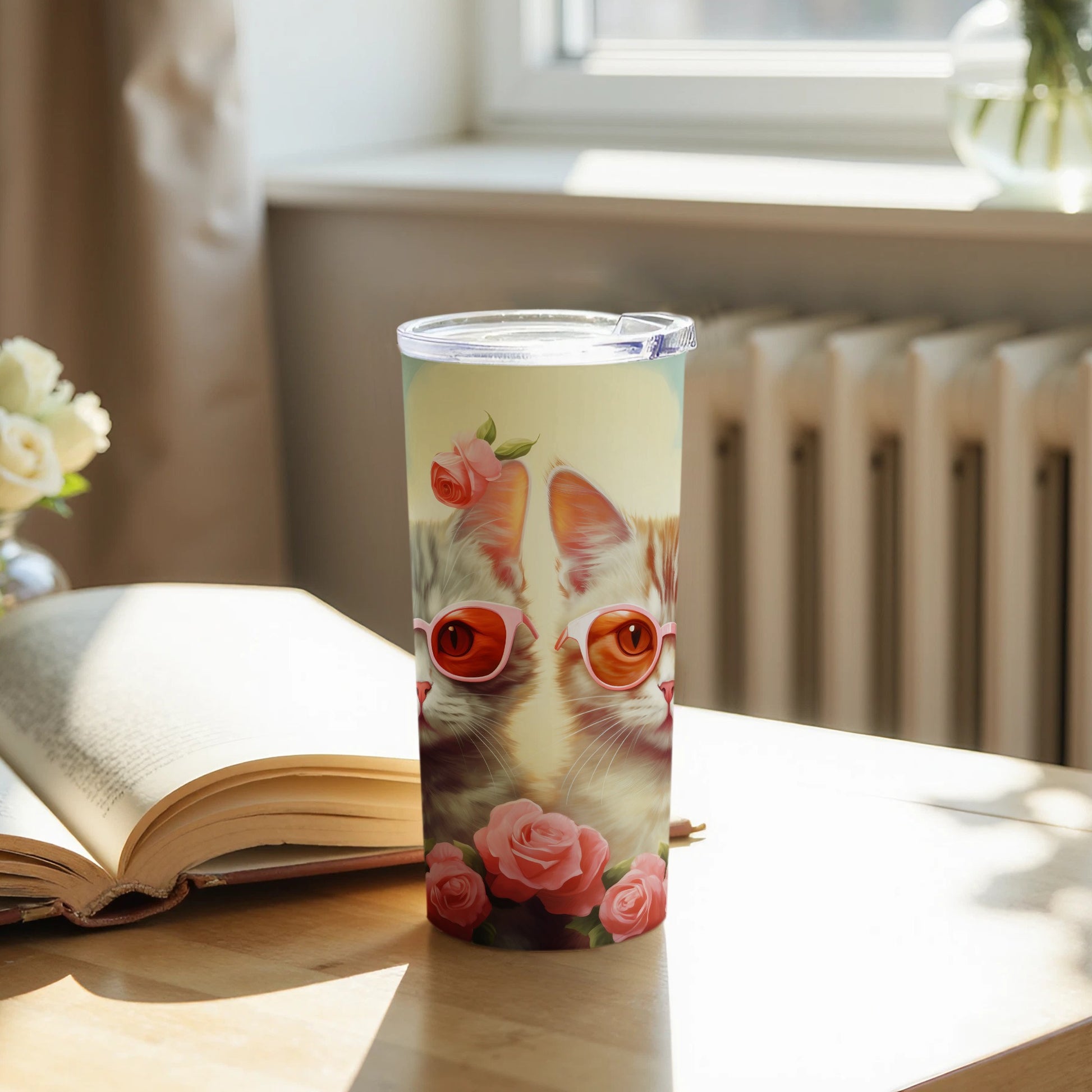 Cute Cats with Rose Glasses Tumbler for Everyday Use