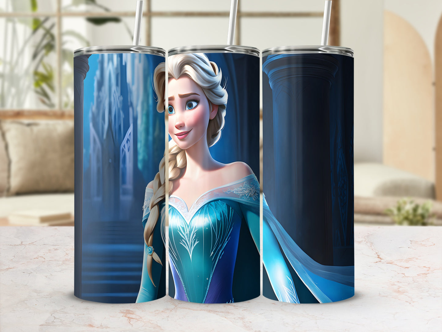 Elsa from Frozen on a blue tumbler with a reusable straw.