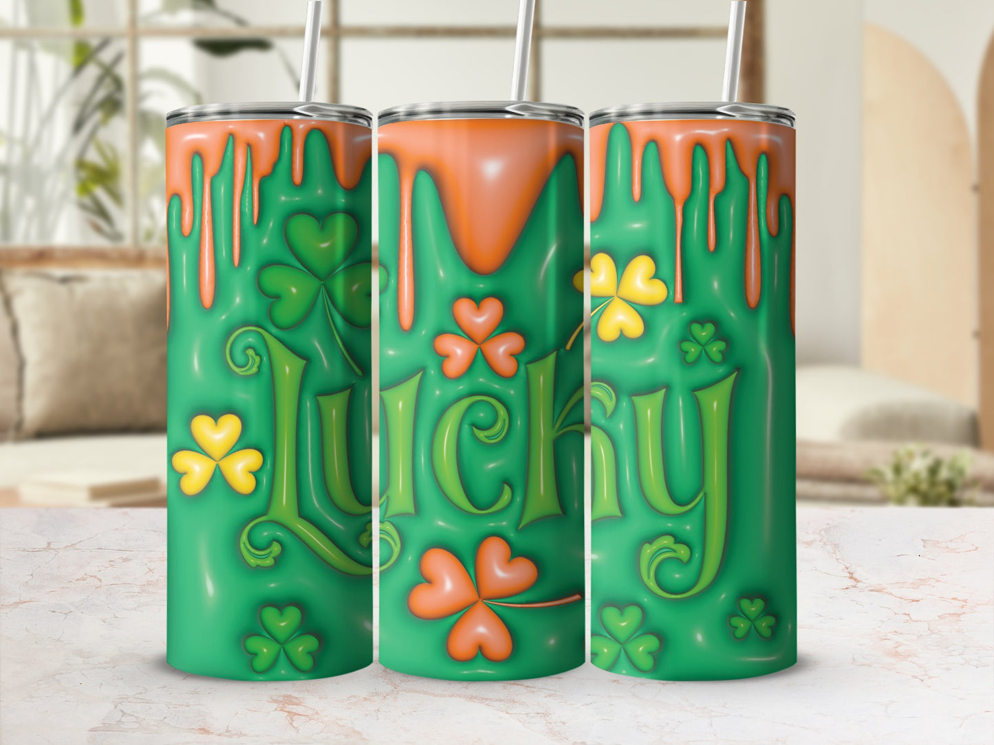Green tumbler with "Lucky" text and shamrock designs, with orange drips.