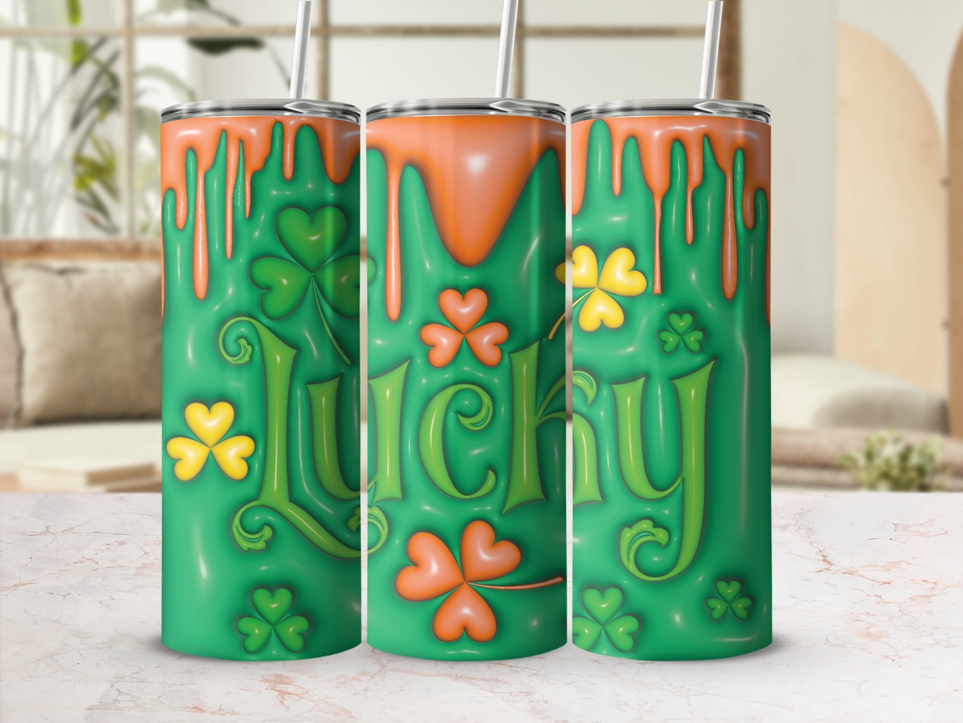 Green tumbler with "Lucky" text and shamrock designs, with orange drips.