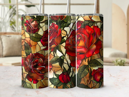 Three tumblers with stained glass rose pattern.