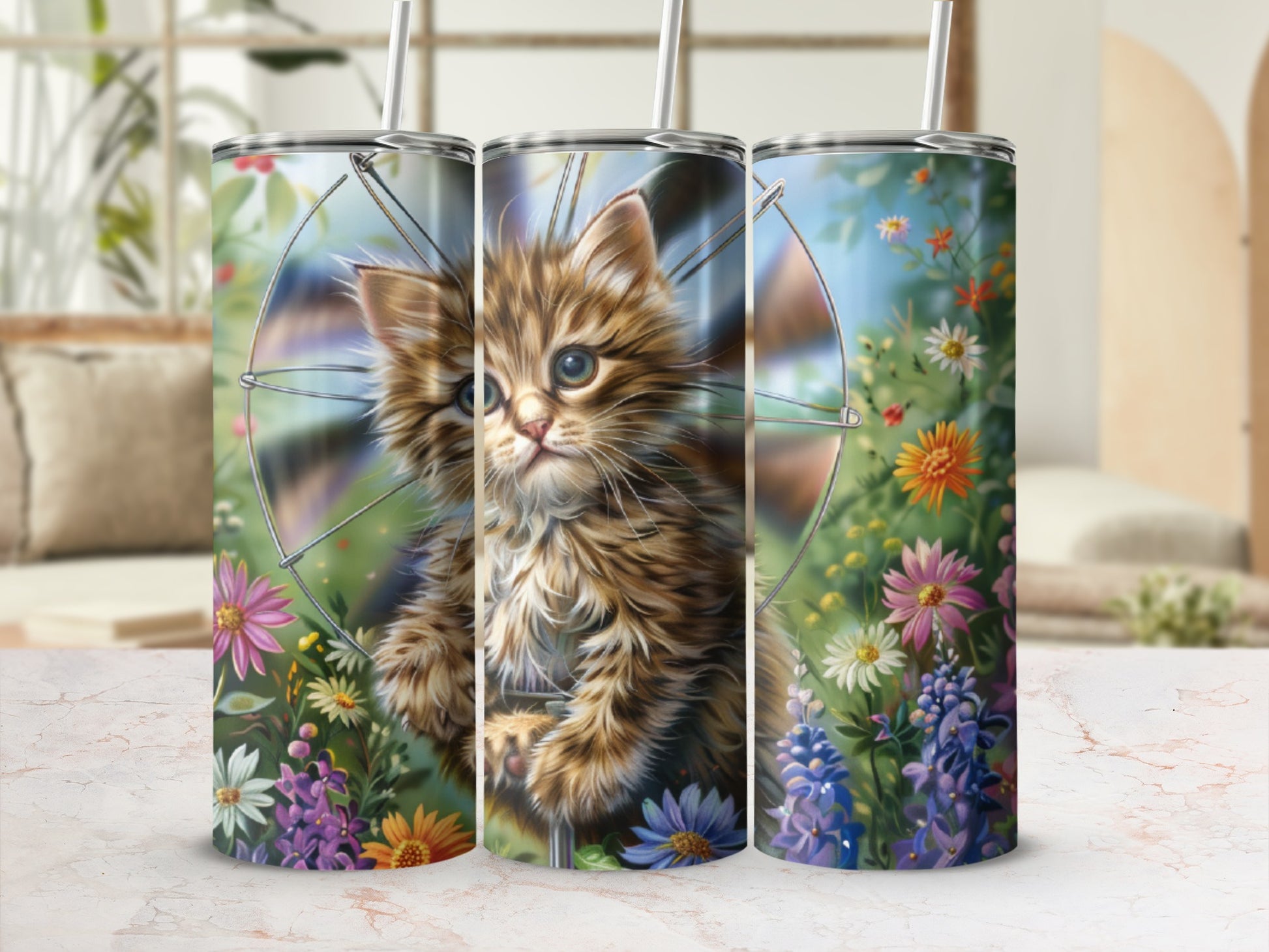 Tabby kitten surrounded by colorful wildflowers and foliage.