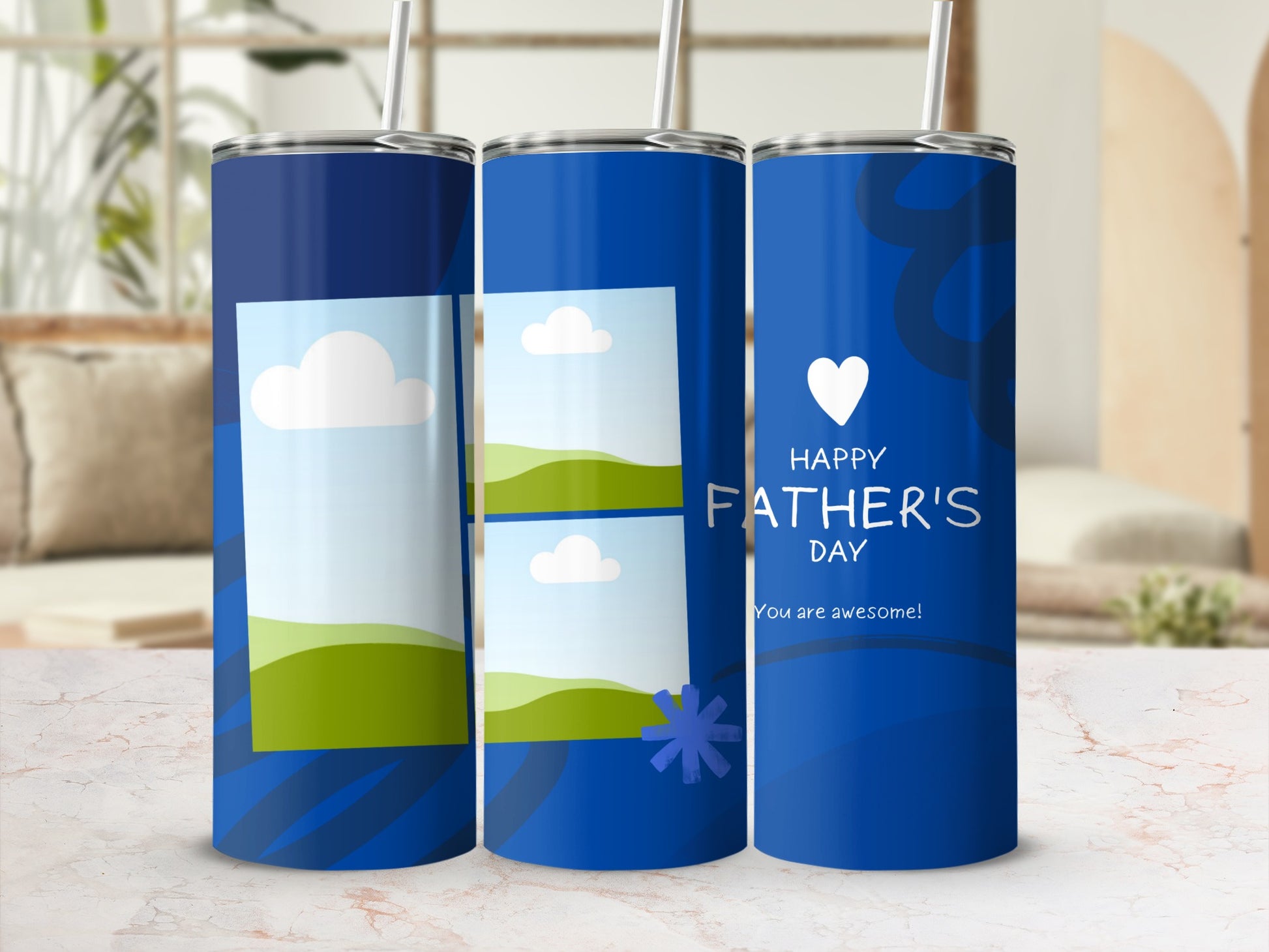 Three blue tumblers with straws, two with photo placeholders, one with "Happy Father's Day" text.
