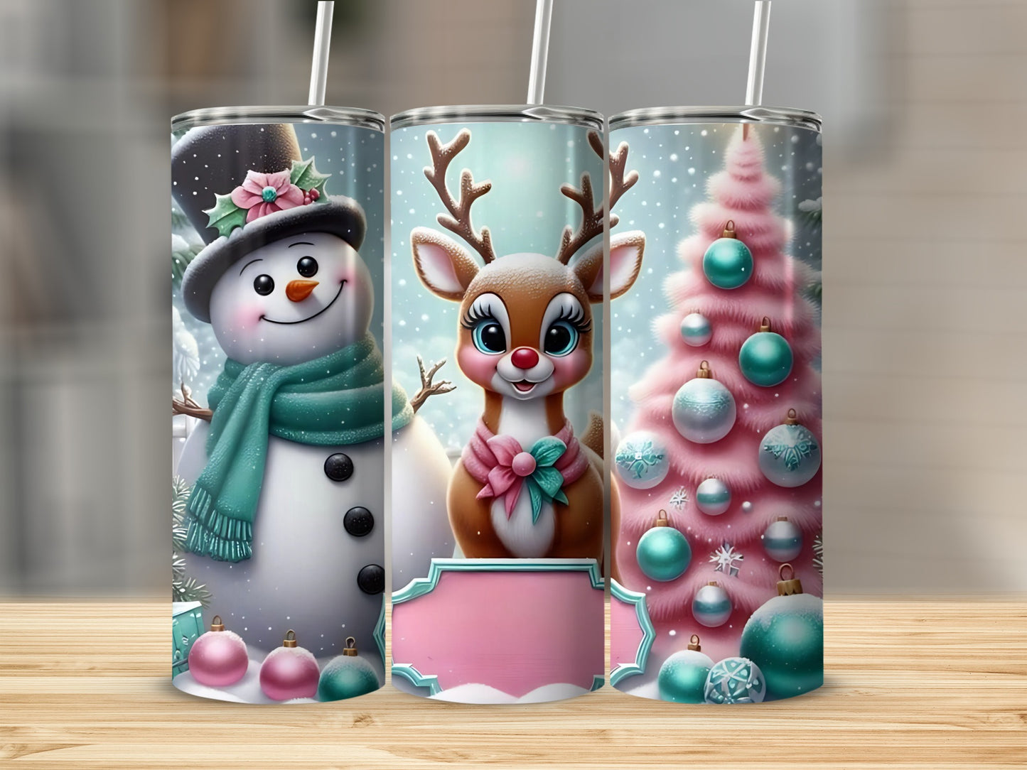 Holiday Snowman and Reindeer Themed Tumbler Set