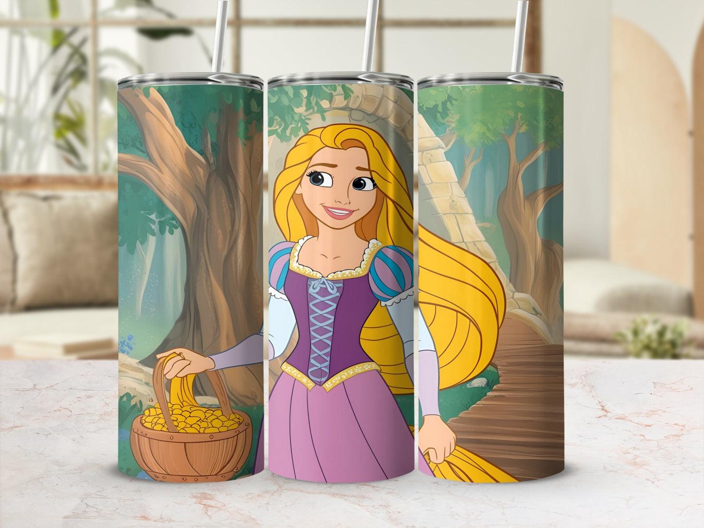 Rapunzel holding a basket of gold coins in a forest setting.