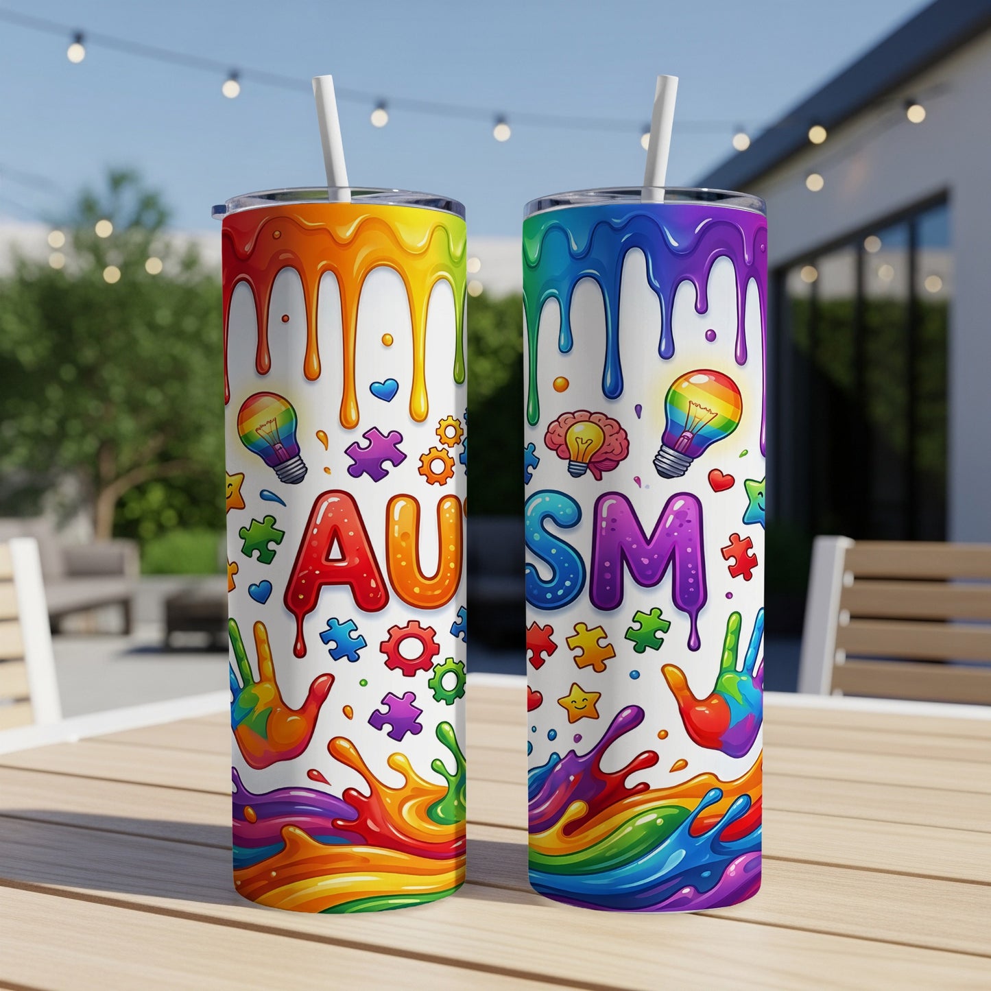 Two tumblers with "AUTISM" in colorful letters and autism awareness symbols.