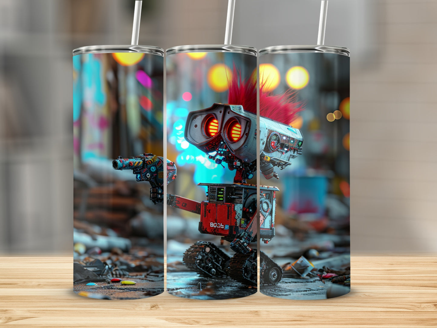 Red-Haired Robot with Large Glowing Eyes Tumbler